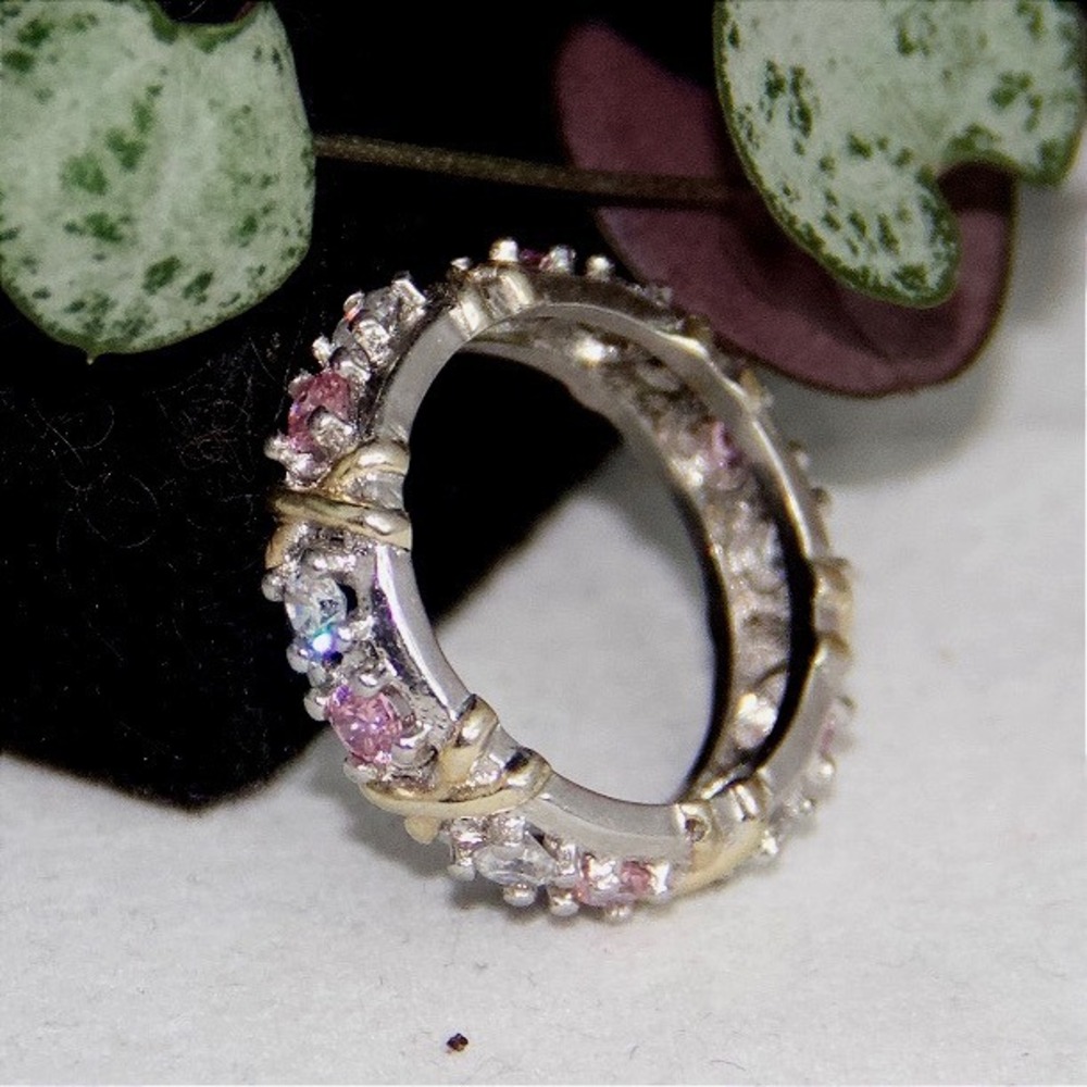 Sterling Silver Pink Clear CZ Eternity Band Ring Size 7 S925 X Kiss Motif